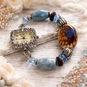 Beehive Swap Stone Bracelet Blue Beaded Stretchy Band Wristwatch